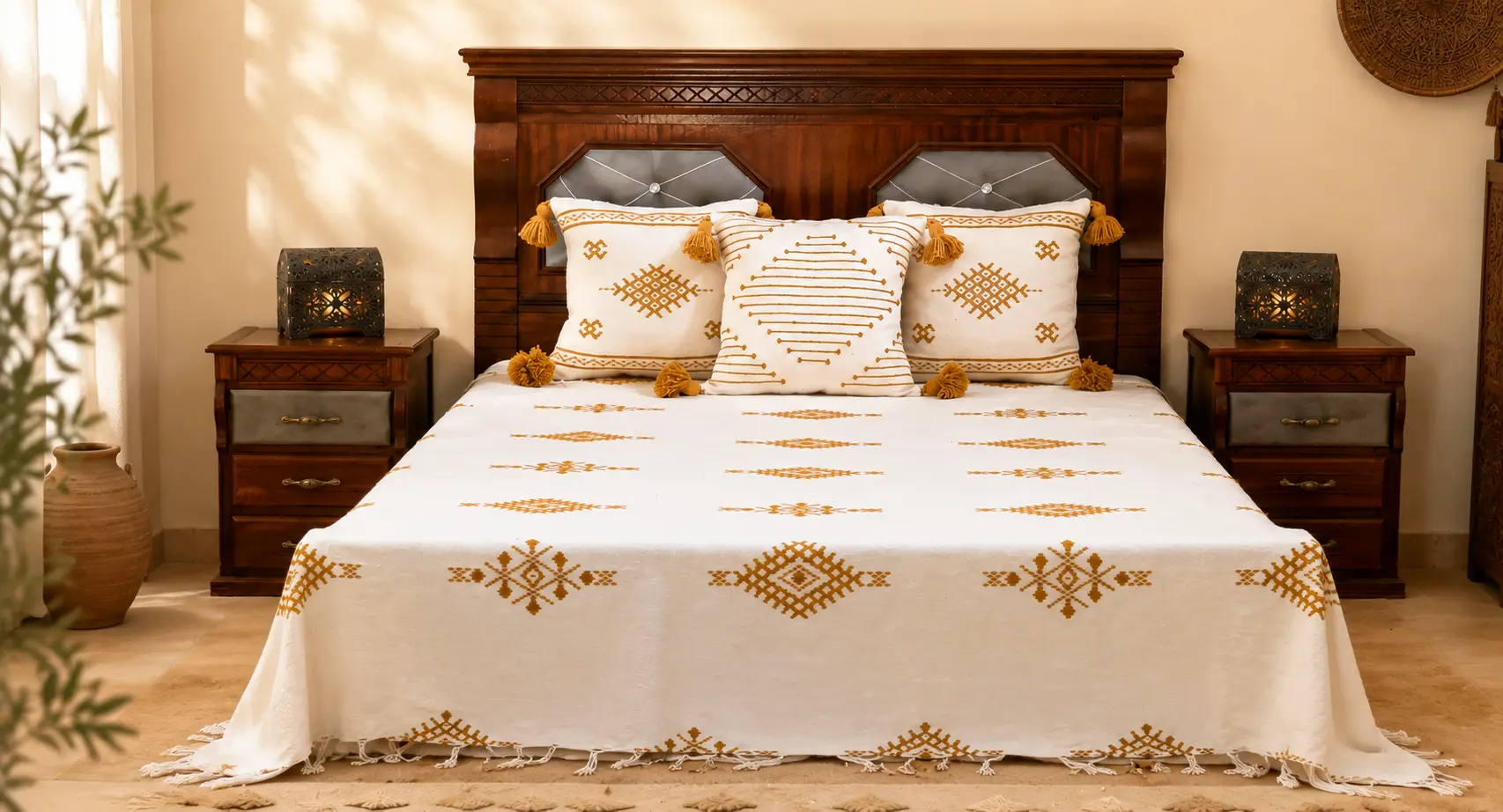 Plaid marocain brodé Coussin Atlas dans un intérieur contemporain